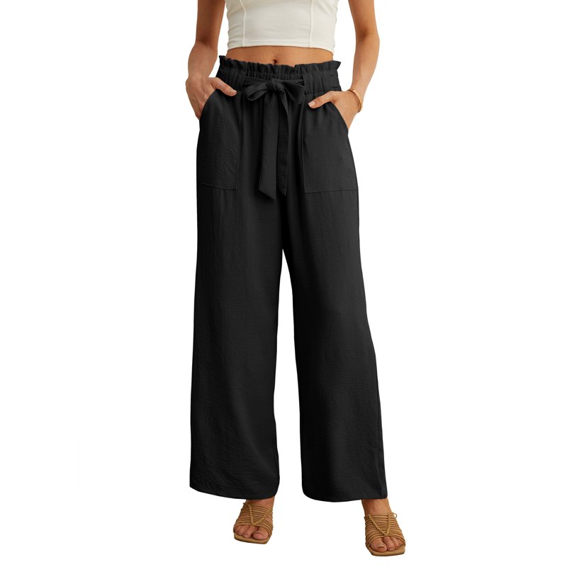 JWD Women's Wide Leg Pants With Pockets High Waist Adjustable Knot Loose Casual Trousers Business Work Casual Pants Black Large