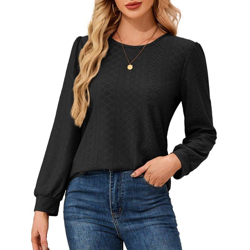 JYLFC Long Sleeve Eyelet Tops For Women Crew Neck Shirts Casual Loose Blouse Black 2XL