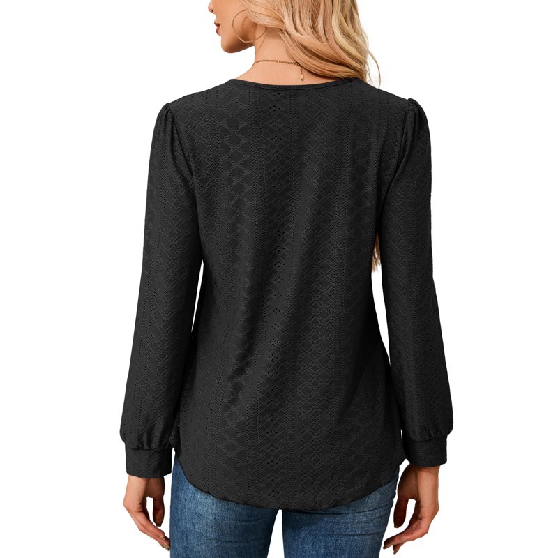 JYLFC Long Sleeve Eyelet Tops For Women Crew Neck Shirts Casual Loose Blouse Black 2XL