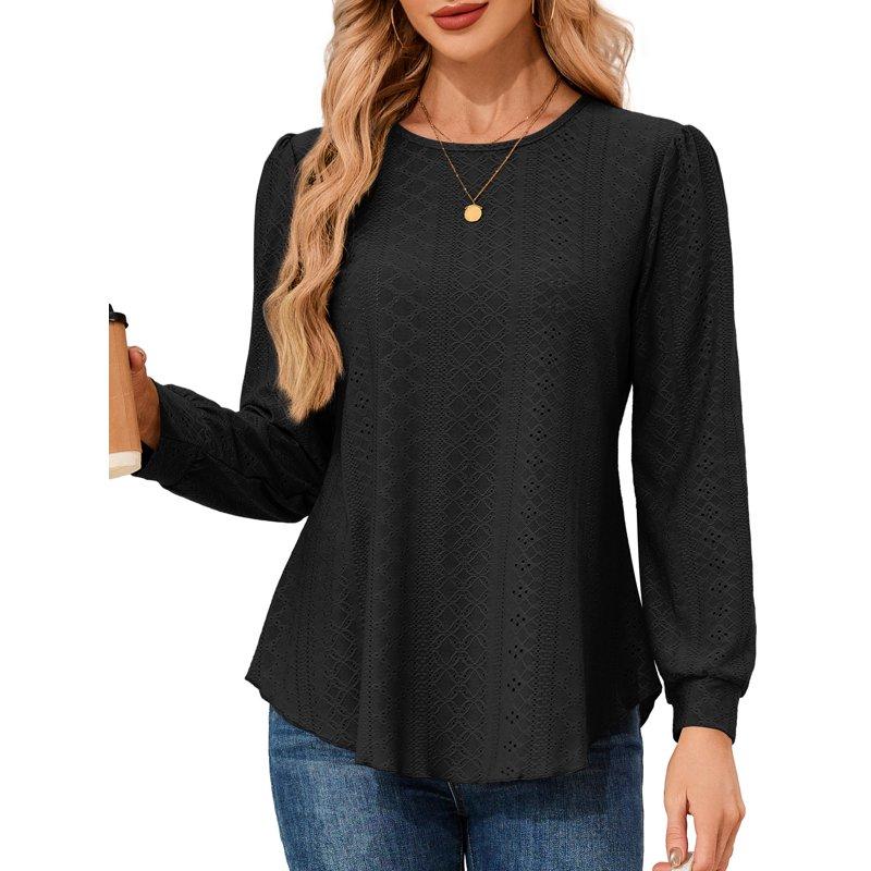 JYLFC Long Sleeve Eyelet Tops for Women Crew Neck Shirts Casual Loose Blouse Black 2XL