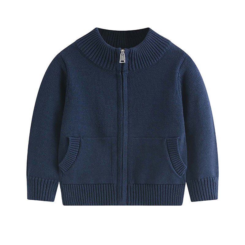 Kids Cardigans Sweater Full Zip Crewneck Cotton School Uniforms Solid Long Sleeve Knit Sweaters with Pockets (3-4T Navy)