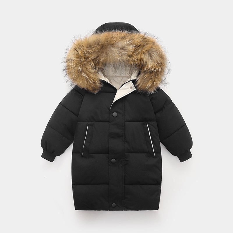 Kids Hooded Jacket Boys Girls Faux Fur Thicken Warm Black Parka Kids Coat Winter Hooded Long Cotton Down Jackets Outerwears Children Clothing School Jackets Outwear Coat
