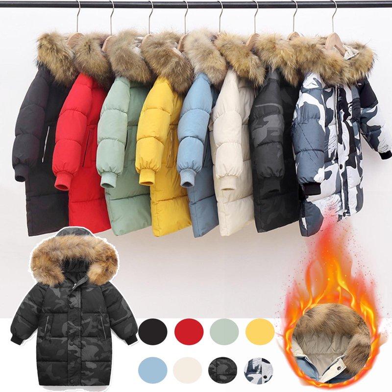 Kids Hooded Jacket Boys Girls Faux Fur Thicken Warm Black Parka Kids Coat Winter Hooded Long Cotton Down Jackets Outerwears Children Clothing School Jackets Outwear Coat
