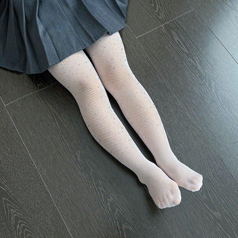 Kids Socks Girl's Fishnet Tights Fishnet Stockings Glitter Tights Bling Legging Mesh Socks Rhinestone Hollow Out Pantyhose For Christmas Dress Up Party(White 6-12 Years)