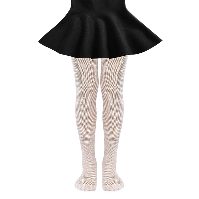 Kids Socks Girl's Fishnet Tights Fishnet Stockings Glitter Tights Bling Legging Mesh Socks Rhinestone Hollow Out Pantyhose For Christmas Dress Up Party(White 6-12 Years)