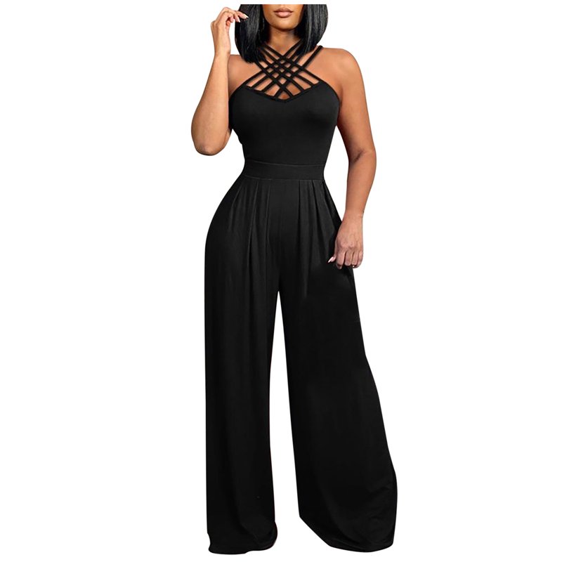 Kiplyki Trendy Pants For Women Solid Color Multi Strap Cross Wide Leg Jumpsuit