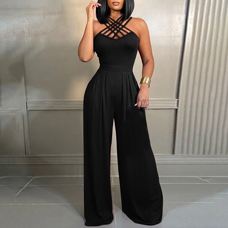Kiplyki Trendy Pants for Women Solid Color Multi Strap Cross Wide Leg Jumpsuit