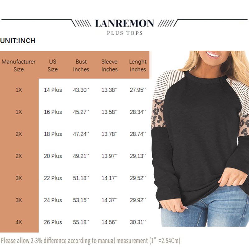LANREMON Plus Size Top For Women Casual Round Neck Long Sleeev T Shirts Fashion Leopard Print Loose Tunic Black Tee Size Plus
