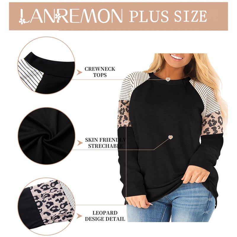 LANREMON Plus Size Top For Women Casual Round Neck Long Sleeev T Shirts Fashion Leopard Print Loose Tunic Black Tee Size Plus