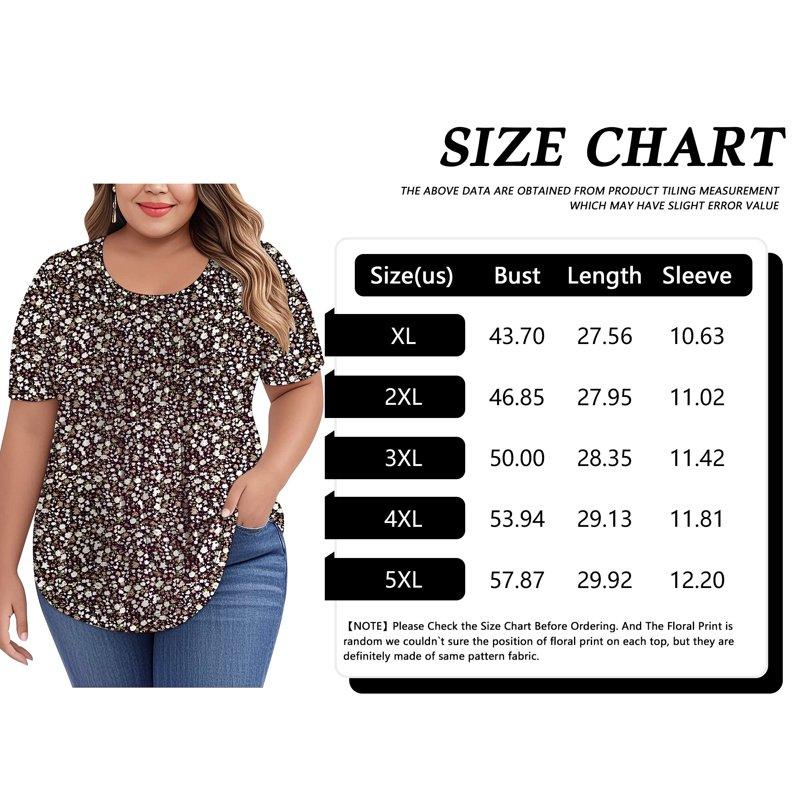 LANREMON Plus Size Tops For Women Womens Tops Summer Blackfloral Scoop Neck Pleated Loose Fit Short Sleeve Shirts Casual Blouses 3XL