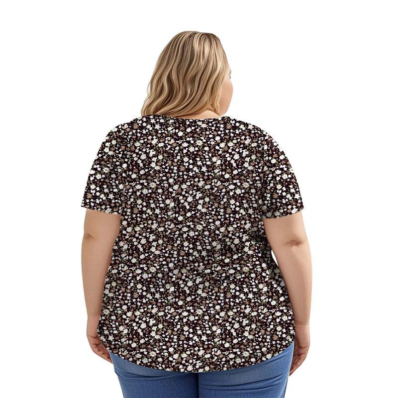 LANREMON Plus Size Tops For Women Womens Tops Summer Blackfloral Scoop Neck Pleated Loose Fit Short Sleeve Shirts Casual Blouses 3XL