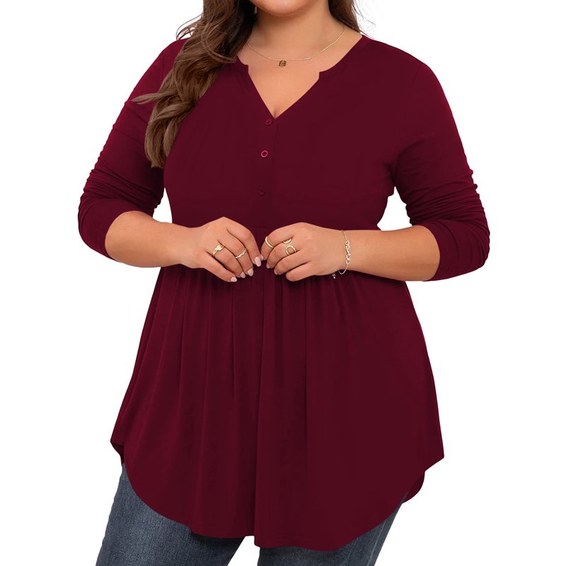 LANREMON Women's Plus Size Henley Shirts V Neck Button Tunic Tops Casual Long Sleeve Swing Flowy Blouse