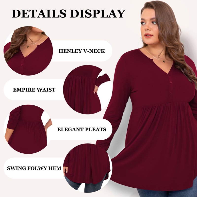 LANREMON Women's Plus Size Henley Shirts V Neck Button Tunic Tops Casual Long Sleeve Swing Flowy Blouse