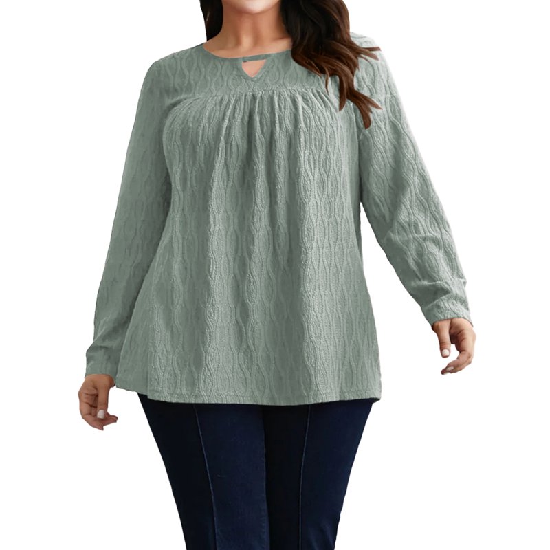 LANREMON Womens Plus Size Tops Long Sleeve Shirts V Neck Textured Keyhole Gathered Knit Tunic Loose Fall Blouses
