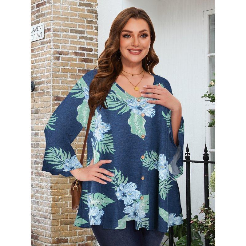 LATWIIV Tunic Tops For Women 3/4 Sleeve Plus Size Women's Tunics Loose Fit Floral Swing Flare Ladies Blouse For Leggings A-SteelBlue32 4X