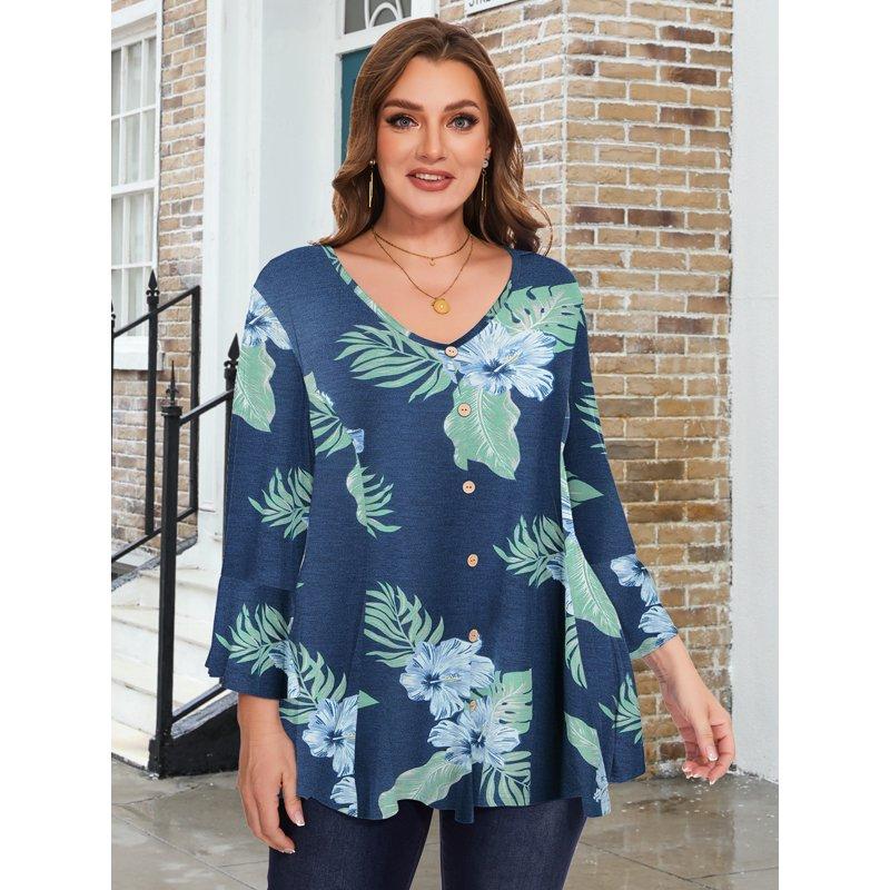 LATWIIV Tunic Tops For Women 3/4 Sleeve Plus Size Women's Tunics Loose Fit Floral Swing Flare Ladies Blouse For Leggings A-SteelBlue32 4X