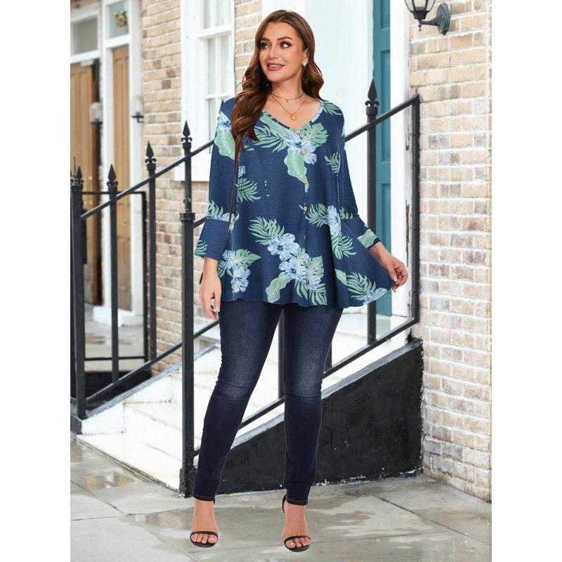 LATWIIV Tunic Tops For Women 3/4 Sleeve Plus Size Women's Tunics Loose Fit Floral Swing Flare Ladies Blouse For Leggings A-SteelBlue32 4X