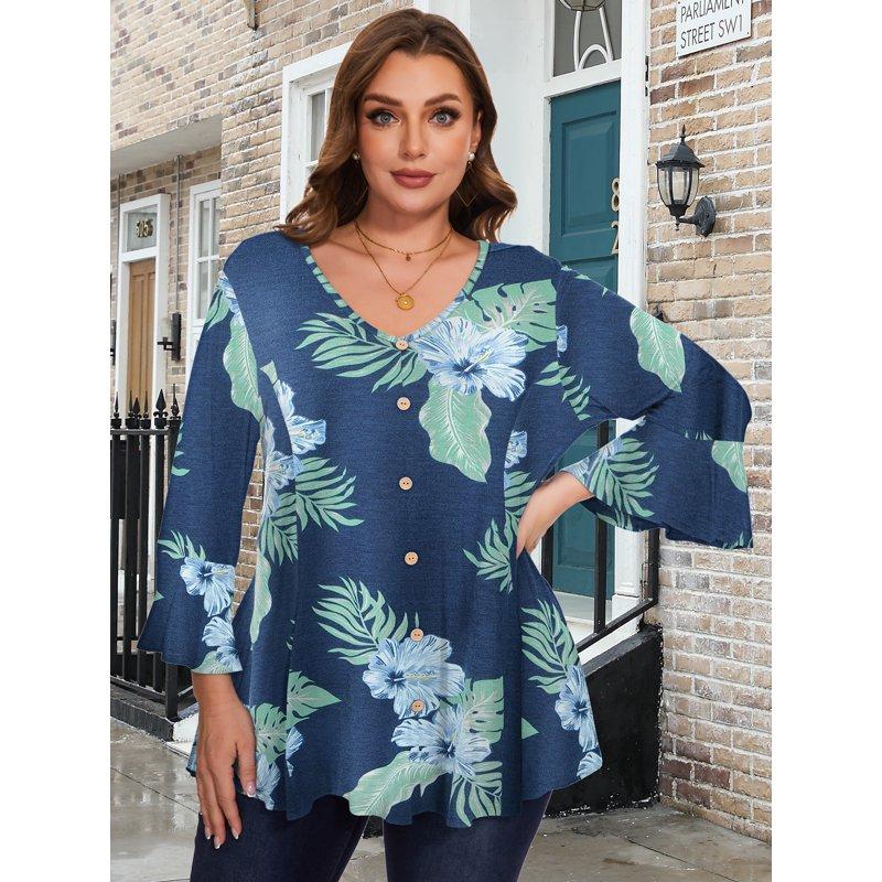 LATWIIV Tunic Tops for Women 3/4 Sleeve Plus Size Women's Tunics Loose Fit Floral Swing Flare Ladies Blouse for Leggings A-SteelBlue32 4X LATWIIV Tunic Tops for Women 3/4 Sleeve Plus Size Women's Tunics Loose Fit Floral Swing Flare Ladies Blouse for Leggings A-SteelBlue32 4X