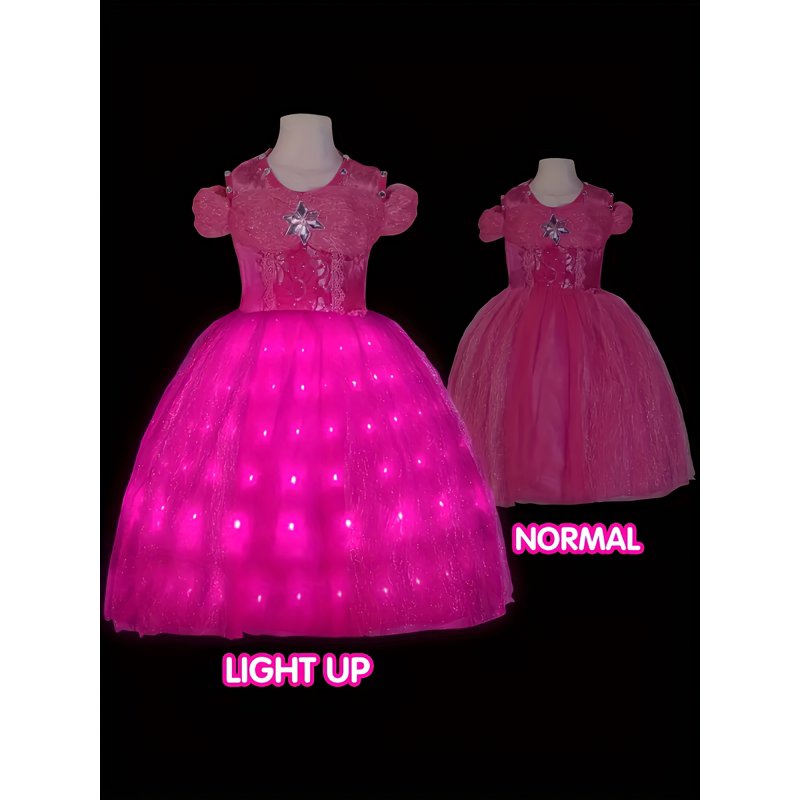 LED Light-Up Pink Princess Tutu Dress For Girls - Sleeveless Party Gown With Star Sequins Perfect For Halloween Christmas And Special Occasions Party Dress Best For Christmas