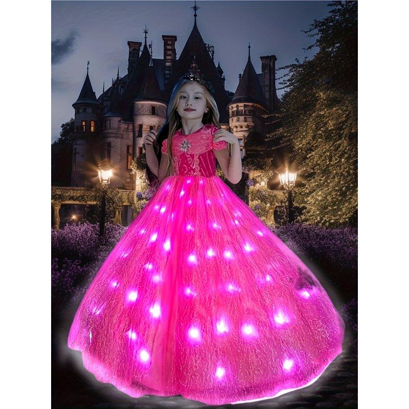 LED Light-Up Pink Princess Tutu Dress for Girls - Sleeveless Party Gown with Star Sequins Perfect for Halloween Christmas and Special Occasions Party Dress Best for Christmas