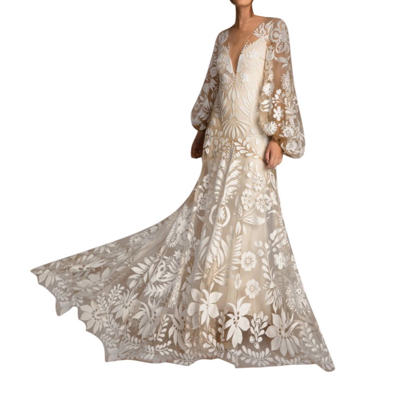 Leesechin Women Maxi Dress Tulle Long Sleeve V Neck Floral Embroidery Backless Casual Flowy A-Line Dress