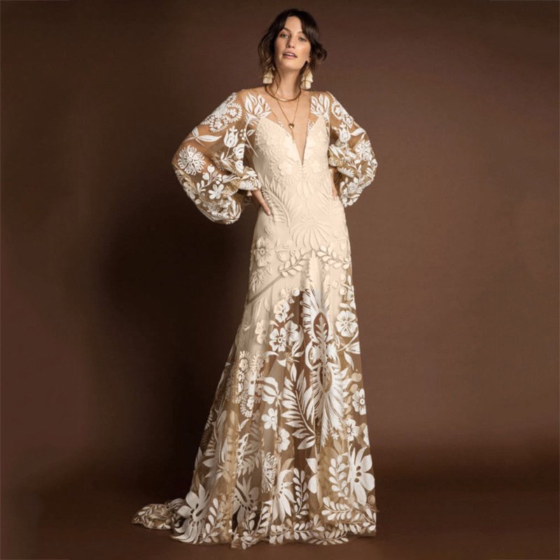 Leesechin Women Maxi Dress Tulle Long Sleeve V Neck Floral Embroidery Backless Casual Flowy A-Line Dress