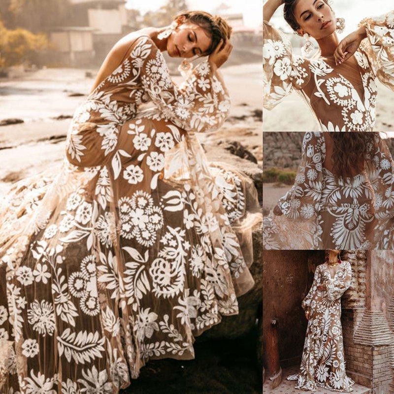 Leesechin Women Maxi Dress Tulle Long Sleeve V Neck Floral Embroidery Backless Casual Flowy A-Line Dress Leesechin Women Maxi Dress Tulle Long Sleeve V Neck Floral Embroidery Backless Casual Flowy A-Line Dress