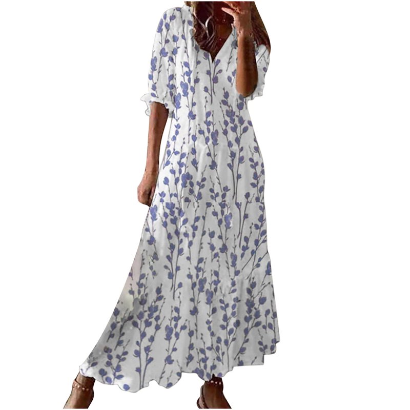 Lenago Sun Dresses For Women Plus Size Fashion Casual Spring And Summer V-neck Three-quarter Sleeve Printed Dress Beach Flowy Long Dress