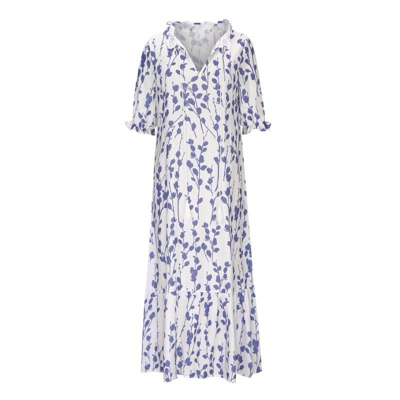 Lenago Sun Dresses For Women Plus Size Fashion Casual Spring And Summer V-neck Three-quarter Sleeve Printed Dress Beach Flowy Long Dress