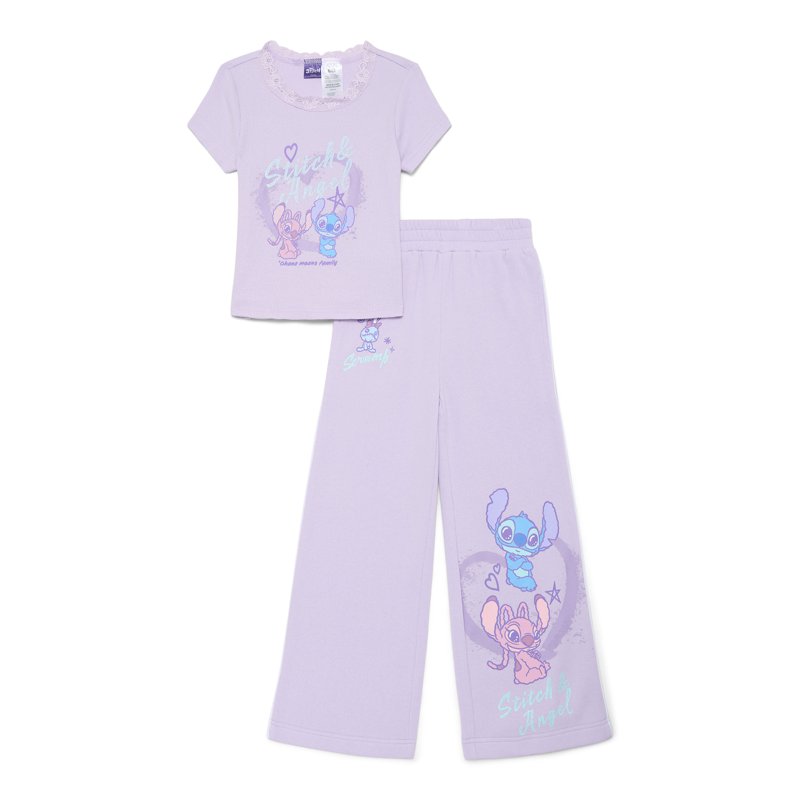 Lilo & Stitch Girls Graphic T-Shirt and Wide Leg Fleece Pant Outfit Set 2-Piece Sizes 4-16