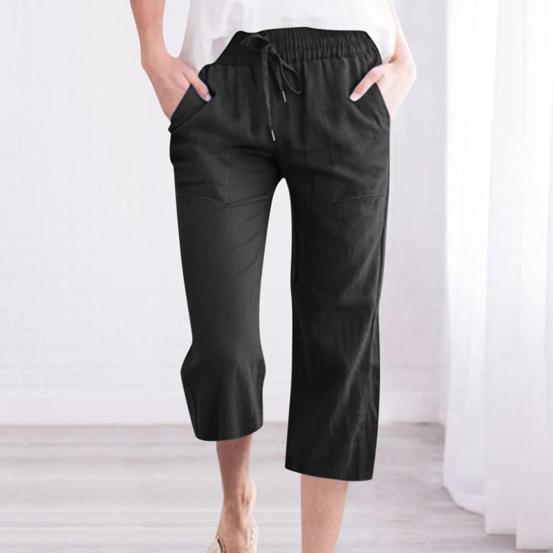 Linen Pants Women Summer Bohemian Plus Size Elastic Loose Straight Wide Leg Capris Fashion Casual High Waisted Solid Color Flowy Pants With Pocket S-5XL On Clearance