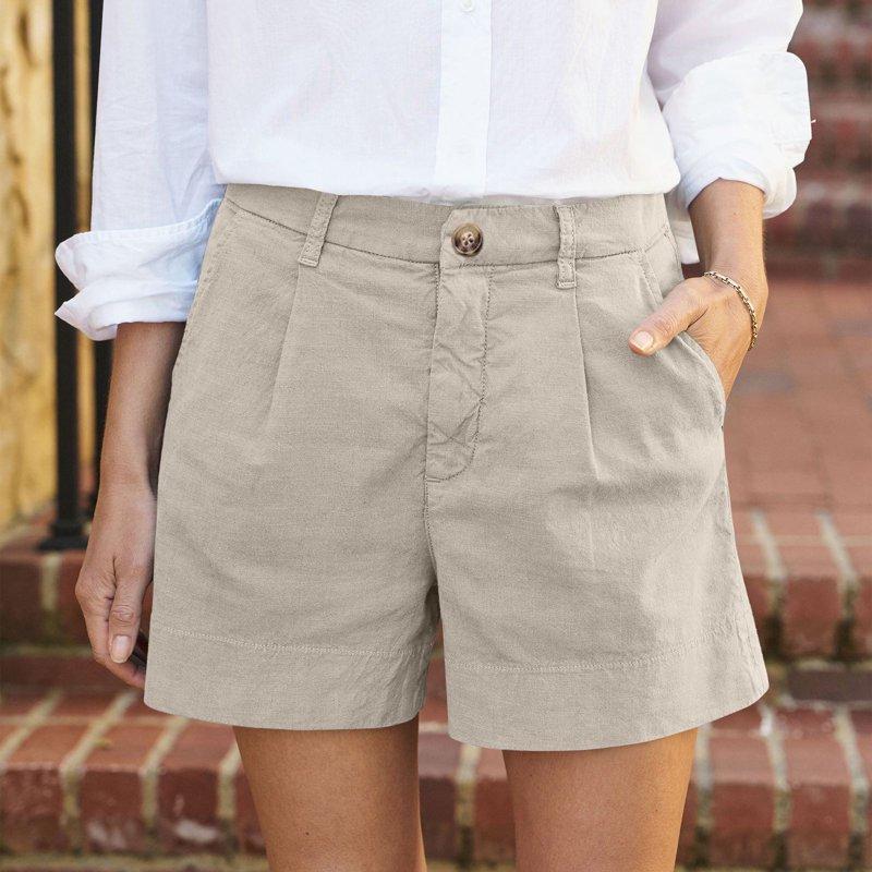 Linen Shorts For Women Summer Plus Size Bermuda High Waist Work Button Wide Leg Khaki Short Twill Chino Casual Ladies Trouser With Pocket 5" Inseam