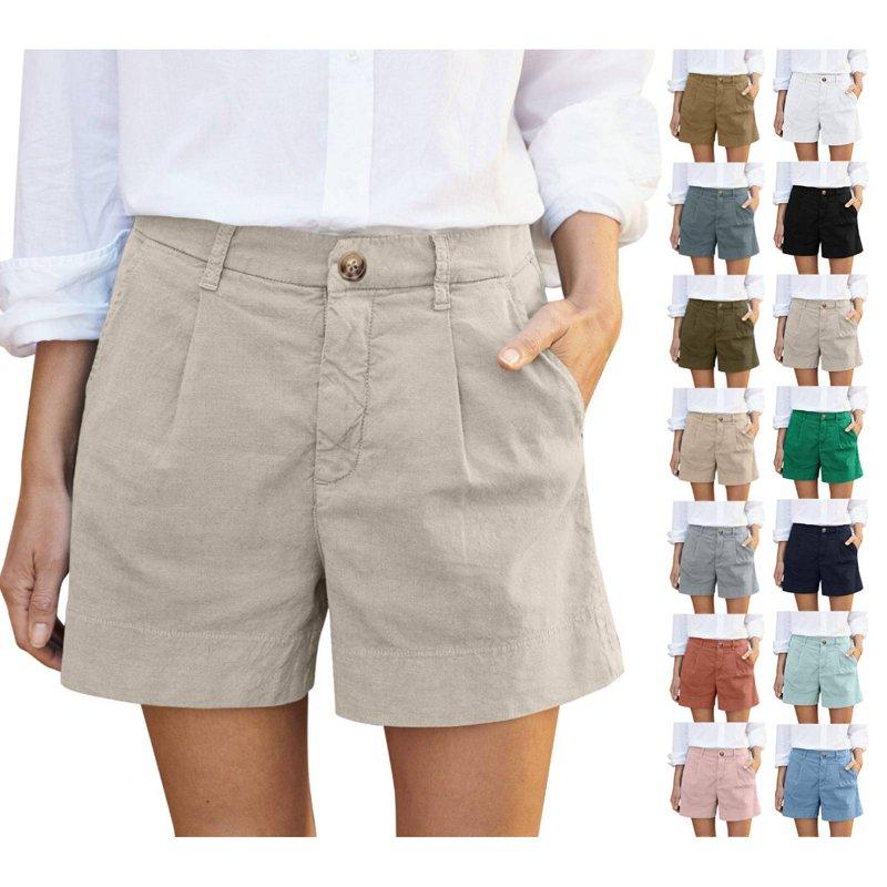Linen Shorts for Women Summer Plus Size Bermuda High Waist Work Button Wide Leg Khaki Short Twill Chino Casual Ladies Trouser With Pocket 5" Inseam