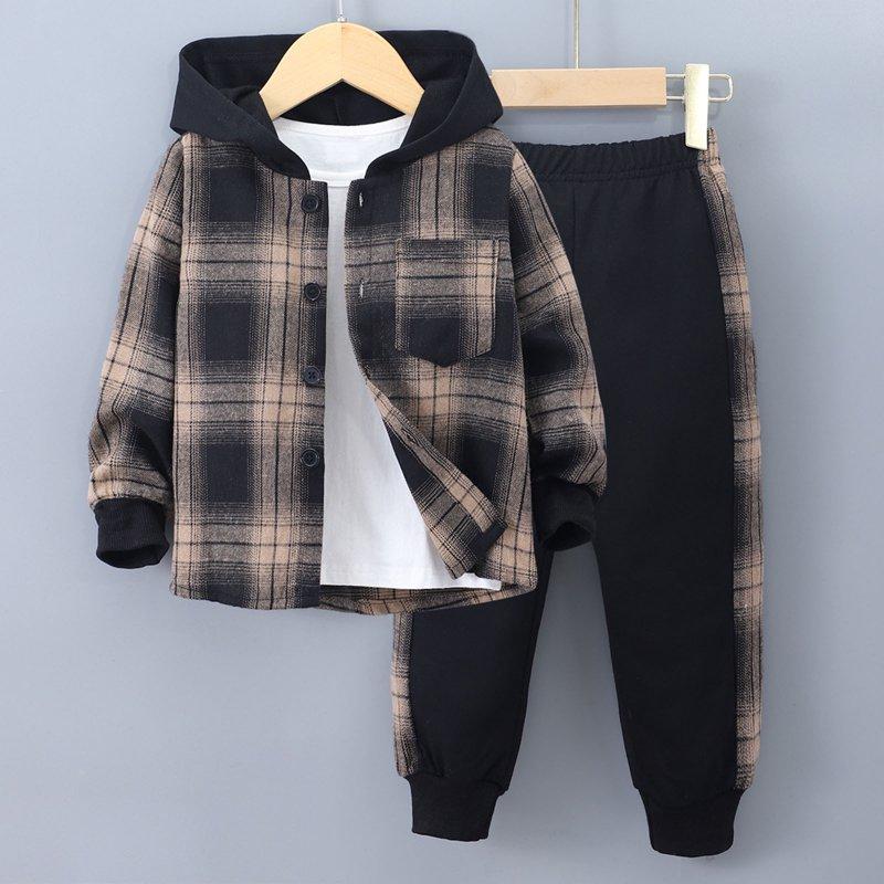Little Boys Casual Outfit Sets Long Sleeve Patchwork Plaid Prints T Shirt Hooded Tops Pants Clothes Set For Kids Size 5-6T