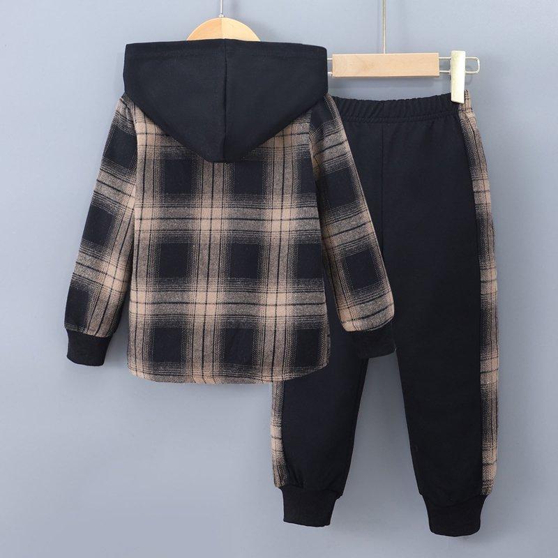 Little Boys Casual Outfit Sets Long Sleeve Patchwork Plaid Prints T Shirt Hooded Tops Pants Clothes Set For Kids Size 5-6T