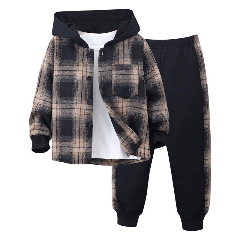 Little Boys Casual Outfit Sets Long Sleeve Patchwork Plaid Prints T Shirt Hooded Tops Pants Clothes Set for Kids Size 5-6T