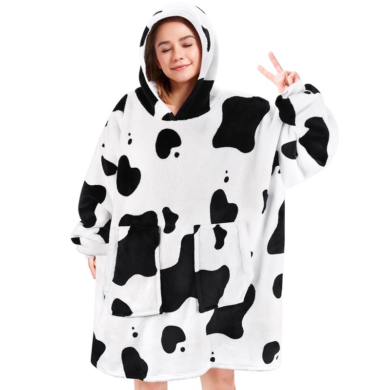 Livhil Wearable Blanket Hoodie For Women Oversized Soft Sherpa Sweatshirt Cozy Plush Hoodies (Cow)