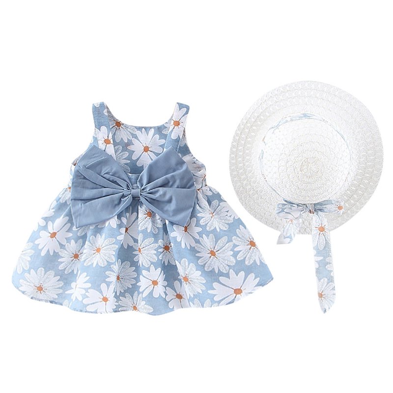 LoyisViDion Baby Girls Dress Clearance Toddler Baby Kids Girls Floral Flowers Princess Dress Hat Outfits Clothes Light Blue 6-12 Months