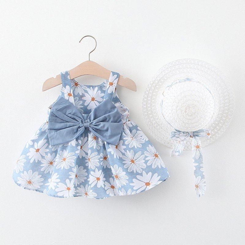 LoyisViDion Baby Girls Dress Clearance Toddler Baby Kids Girls Floral Flowers Princess Dress Hat Outfits Clothes Light blue 6-12 Months