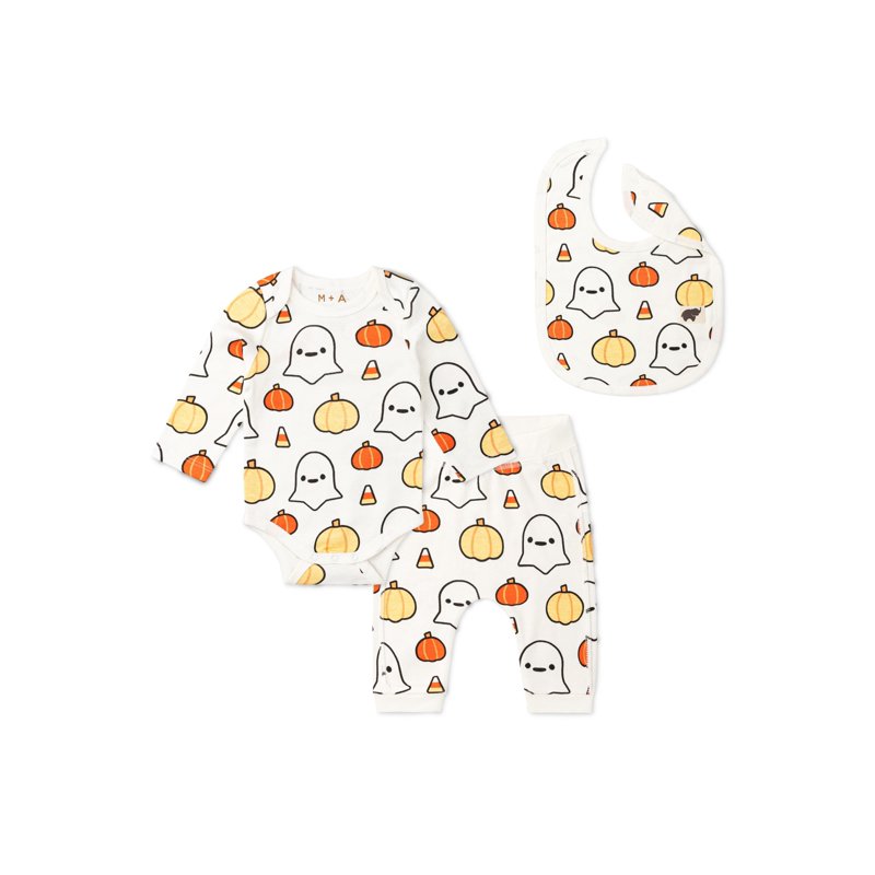 M+A by Monica + Andy Organic Cotton Gender Neutral First Moves Bodysuit + Groove Pant + Bib Set Sizes Newborn -24 Months