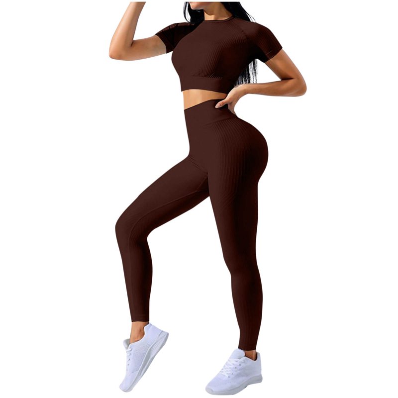 Maplenight Seamless Workout Sets for Women High Waist Yoga Leggings and Short Sleeve Crew Neck Crop Tops 2 Piece Athletic Outfits Gym Clothes Multi Colors​​