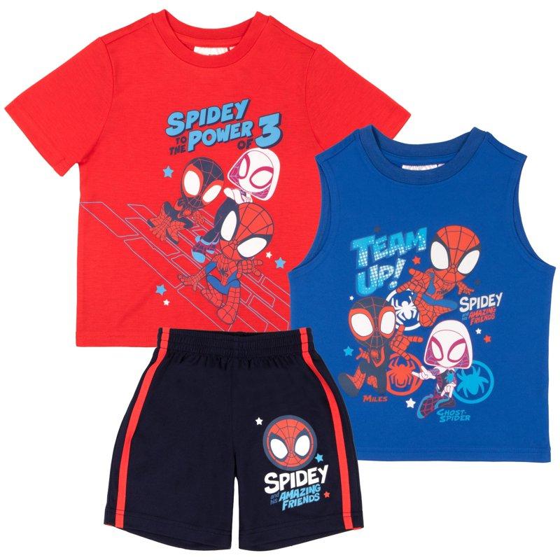 Marvel Spidey and His Amazing Friends 3 Piece Boys Short Set Spider-Man Short Sleeve Shirt Tank Top and Shorts Set 3 Pack Bundle Set Kids Toddlers Spider-Man Boys Clothes (Size 3T-8)