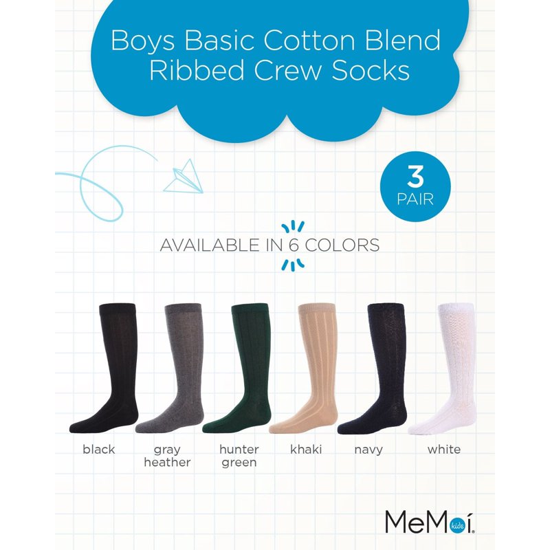 MeMoi 3 Pair Pack Basic Cotton Blend Ribbed Crew Socks - Boys - Male