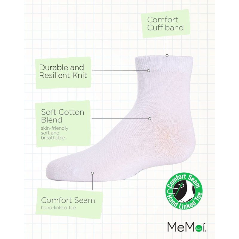 MeMoi Unisex Basics Kids Cotton Blend Ankle Socks - Girls - Female (8 White)