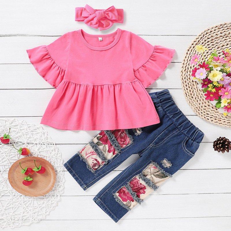 MHZLDYZ Clearance Girls Shorts 3 Piece Set Baby Girl Bell Sleeve Top Sunflower Patch Jeans Pants Headband Cover Girls Spring Autumn Girls Clothes Size 10 12 (E 70)