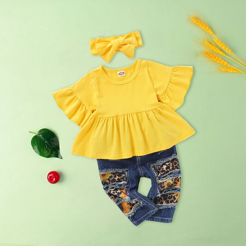 MHZLDYZ Clearance Girls Shorts 3 Piece Set Baby Girl Bell Sleeve Top Sunflower Patch Jeans Pants Headband Cover Girls Spring Autumn Girls Clothes Size 10 12 (E 70)