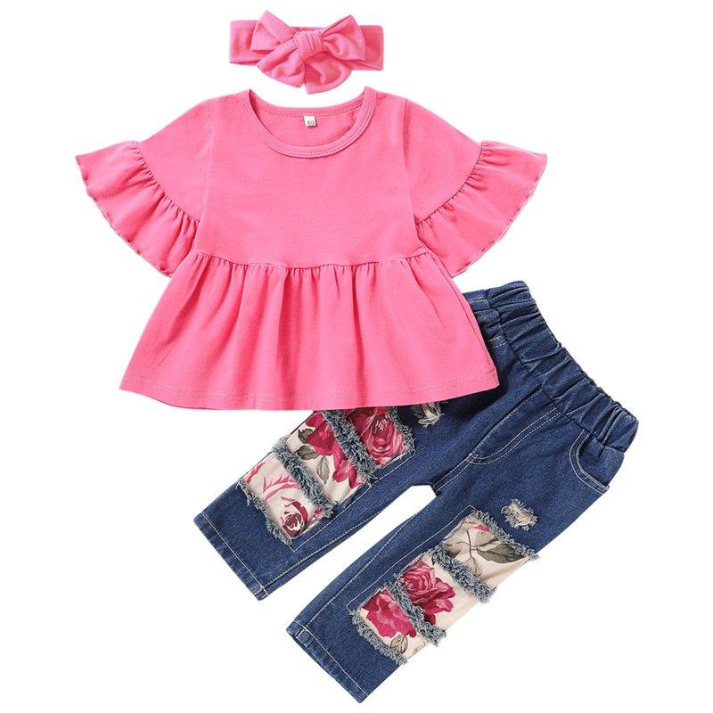 MHZLDYZ Clearance Girls Shorts 3 Piece Set Baby Girl Bell Sleeve Top Sunflower Patch Jeans Pants Headband Cover Girls Spring Autumn Girls Clothes Size 10 12 (E 70)