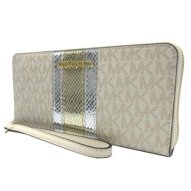 Michael Kors Women's Jet Set Travel Large Signature Logo And Metallic Continental Wallet Pale Gold 35F4GTVE7V-Pgold