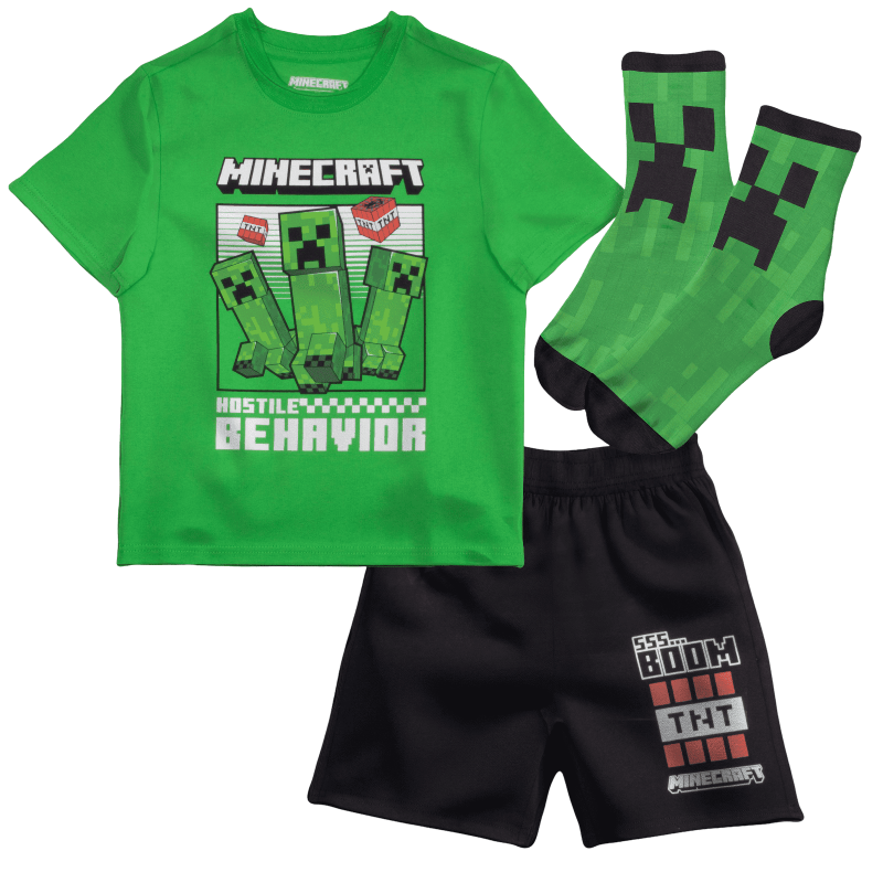 Minecraft Creeper Boys' Summer Outfit 3-Piece Set Graphic T-Shirt Shorts & Socks Sizes 4-16