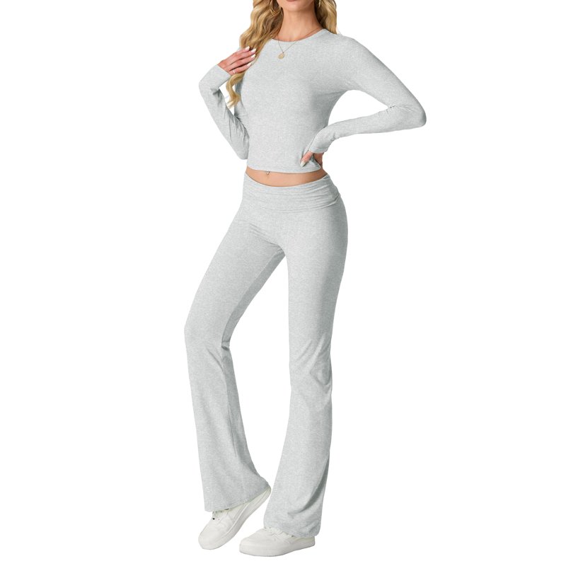 MINTREUS Women's Lounge Set Long Sleeve Crop Top Foldover Flare Pants Fall 2 Piece Pajamas Tracksuit